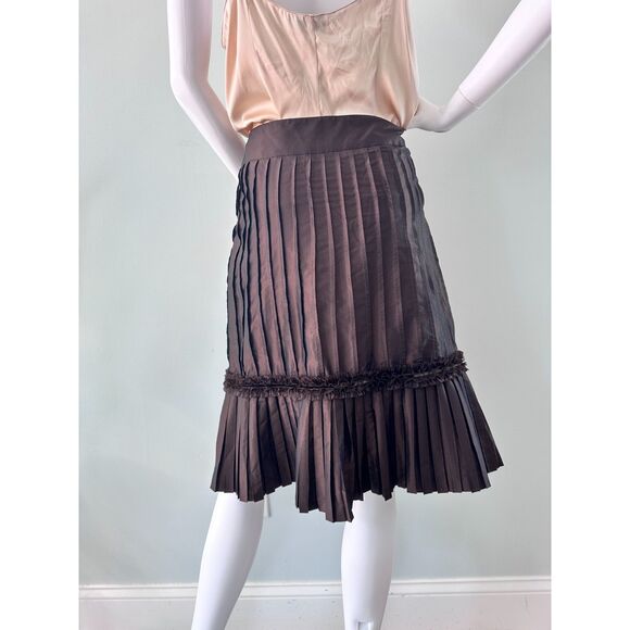 Vintage Y2k Brown Pleated Silk Skirt High Waist Textured Hem A-Line Lined size 6 - Picture 4 of 7